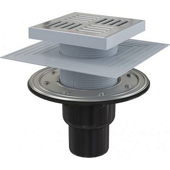 Сливной трап 150×150/50/75 мм прямой сток, решетка из нержавеющей стали, фланец из нержавеющей стали, воротник изоляции 2–го уровня, гидрозатвор сухой и мокрый