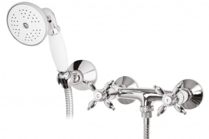 NOSTALGIA-D-01-Bi Смеситель для душа с ручным душем, шлангом и держателем Исполнение: Хром Ручка ручного душа:Белая  NOSTALGIA-D-01-Bi Смеситель для душа с ручным душем, шлангом и держателем Исполнение: Хром Ручка ручного душа:Белая