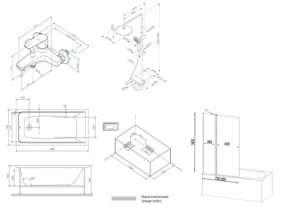 Акриловая ванна Gem 170x70 с каркасом и шторкой на б/в W90BS-D3W5-140CT+ДС Gem F0790000+F90A10