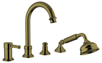 OLIMP-BVDM-03/24-L Смеситель на борт ванны с выдвижным душем и переключателем, золото