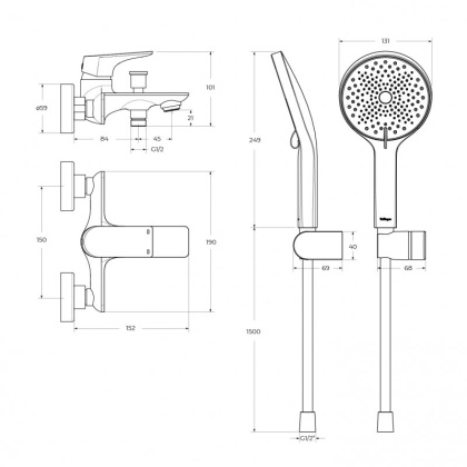 MARINO Смеситель для ванны и душа в комплекте с ручным душем, шлангом и держателем, хром MARINO-VASM-CRM