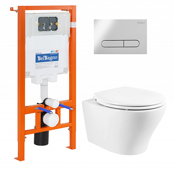 Унитаз подвесной с сиденьем BelBagno ACQUA + Система инсталляции для унитазов с кнопкой смыва BB005-PR-CH Исполнение: Хром 