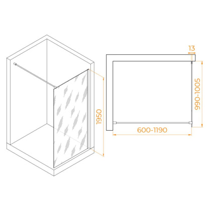 Душевая перегородка 100*195 RGW WA-010 B Чёрный/Матовое/8 мм