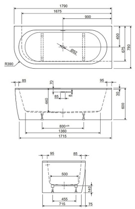 Акриловая ванна угловая правосторонняя, щелевой слив-перелив, белая фронтальная панель, белая чаша, 1790х790х600, SLIM CORNER-180-80-60-R-W37-SET