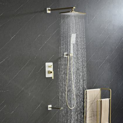 Встраиваемый смеситель с верхним душем 29х19 см, излив 18 см, латунь/белый/золото