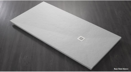 BASE Поддон радиусный из искусственного мрамора (акрон) с сифоном и решеткой из нерж. стали в комплекте, PLATO/BASE/SLATE/90/ANG/BLANCO/90x90, структу