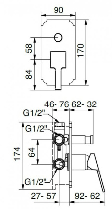 LEGEND-VDIM-03/24 Встраиваемый однорычажный смеситель для душа с переключателем, золото
