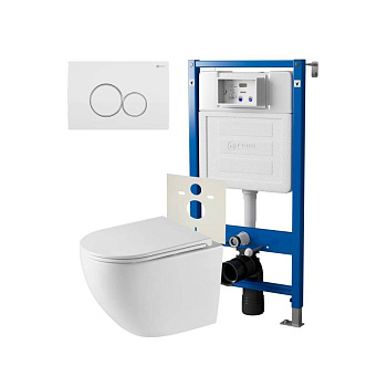 Сет: Система инсталляции Point Элемент для подвесного унитаза PN45120 + Клавиша смыва для инсталляции Point Виктория, белая/хром, PN44061WC + Унитаз подвесной Point Сатурн безободковый, белый, сиденье дюропласт микролифт быстросъемное PN41901