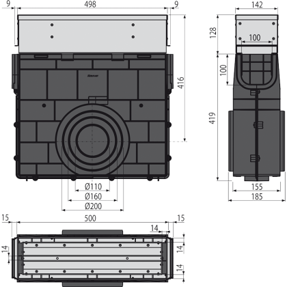 Пескоуловитель для дренажного канала с щелевой симметричной сервисной надставкой 100 мм, нержавеющая сталь 