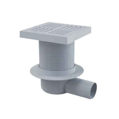 Сливной трап 150×150/50 мм боковой сток, решетка серая, гидрозатвор мокрый