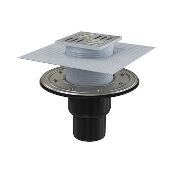 Сливной трап 105×105/50/75 мм прямой сток, решетка из нержавеющей стали, фланец из нержавеющей стали, воротник изоляции 2–го уровня, гидрозатвор сухой и мокрый