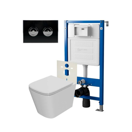 Сет: Система инсталляции пневматическая Point Элемент П для подвесного унитаза PN45121 + Клавиша смыва для пневматической инсталляции Point Венера, установка в стену, черный/хром, PN44071BC + Унитаз подвесной Point Ника безободковый, сиденье микролифт PN4
