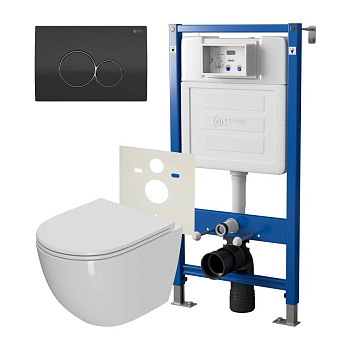 Сет: Система инсталляции Point Элемент для подвесного унитаза PN45120 + Клавиша смыва для инсталляции Point Виктория, черная/хром, PN44061BC + Унитаз подвесной Point Афина безободковый, сиденье микролифт PN41041