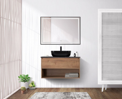 Тумба c раковиной подвесная с одним ящиком и одной открытой полкой BelBagno KRAFT 80 Cemento Grigio, раковина белая