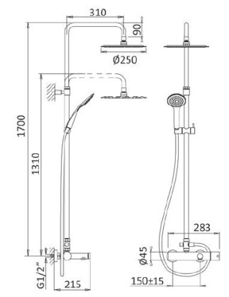 CZR-B-CVD-01 Душевая стойка со смесителем с изливом, ручным и верхним душем 250 мм нержавеющая сталь, исполнение хром CZR-B-CVD-01 Душевая стойка со смесителем с изливом, ручным и верхним душем 250 мм нержавеющая сталь, исполнение хром