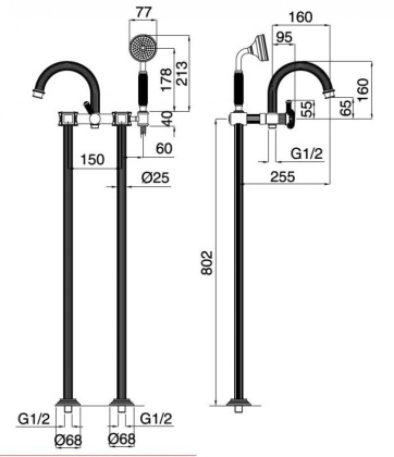 APHRODITE-VDP-01-O Напольный смеситель для ванны с ручным душем, исполнение хром, ручки Куб