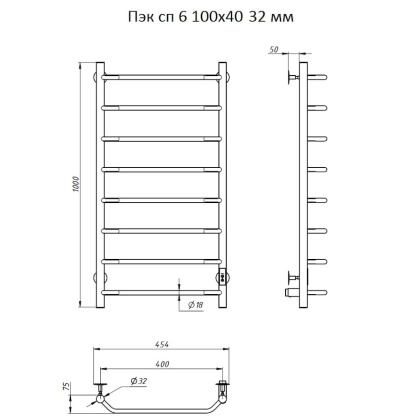 Полотенцесушитель Пэк сп 6 100х40 32 мм Полотенцесушитель Пэк сп 6 100х40 32 мм