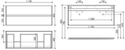 Тумба подвесная SANCOS Smart 1190х450х500, 4 ящика оснащенными доводчиками, дуб бардолино/белый  , арт. SM120-2E