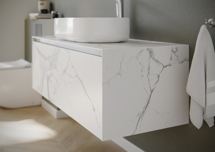 Тумба подвесная SANCOS Stone из керамогранита с одним выдвижным ящиком и столешницей из керамогранита 1200х400х495, керамогранит Statuario white, арт. ST120SV Тумба подвесная SANCOS Stone из керамогранита с одним выдвижным ящиком и столешницей из керамогранита 1200х400х495, керамогранит Statuario white, арт. ST120SV