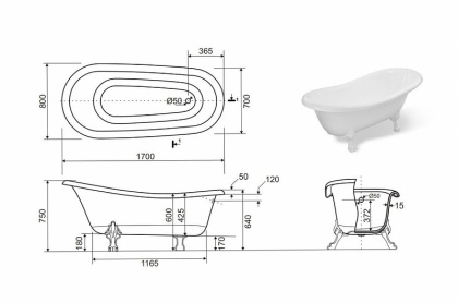 Ванна из литьевого мрамора 170х80 см Creto Corsica 24-1111 с белыми ножками