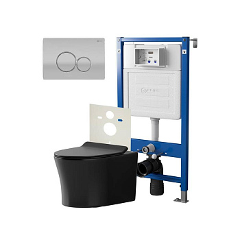 Сет: Система инсталляции Point Элемент для подвесного унитаза PN45120 + Клавиша смыва для инсталляции Point Виктория, цвет сатин/хром, PN44061SC + Унитаз подвесной Point Вега безободковый, чёрн мат, PN41711BM