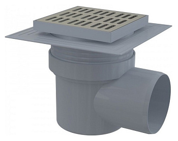 Сливной трап 150×150/110 мм боковой сток, решетка из нержавеющей стали, воротник изоляции 2–го уровня, гидрозатвор мокрый