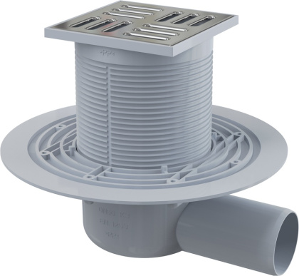 Сливной трап 105×105/50 мм боковой сток, решетка из нержавеющей стали, гидрозатвор мокрый