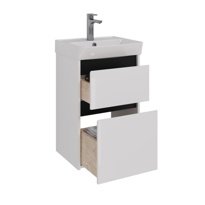 Тумба Lemark COMBI 45см под 1 раковину, подвесная/напольная, 2 ящика, цвет планки: Чёрный, цвет корпуса, фасада: Белый глянец