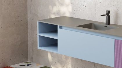 Подвесная тумба Domino 2000, шпон Tabu, для двух встраиваемых раковин, с фрезеровкой