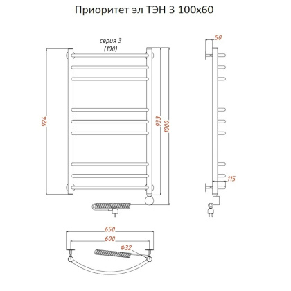 Полотенцесушитель Приоритет эл ТЭН 3 100*60 (ЛЦ2) Полотенцесушитель Приоритет эл ТЭН 3 100*60 (ЛЦ2)