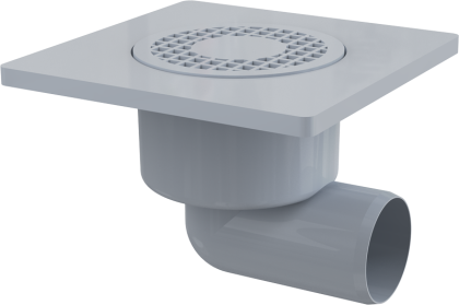 Сливной трап 150×150/50 мм боковой сток, решетка серая, гидрозатвор мокрый