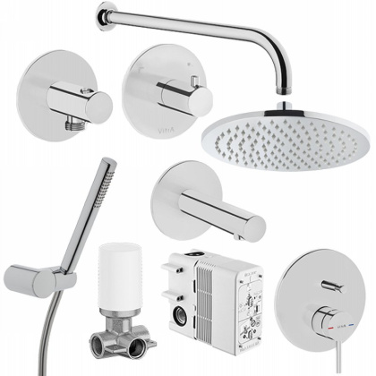 Набор встроенной душевой системы Origin на 3 направления, хром (верхняя лейка, излив, ручной душ, смеситель встроенный внешняя и внутренняя часть)