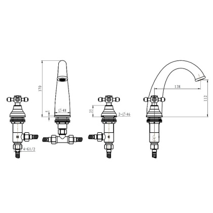 Смеситель для раковины на 3 отверстия ROYAL CRYSTAL, золото_Комплект Смеситель для раковины на 3 отверстия ROYAL CRYSTAL, золото_Комплект