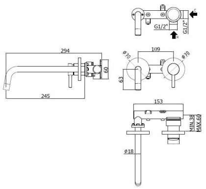 Смеситель для раковины Paffoni Light LIG103NO70 (с внутренней частью)