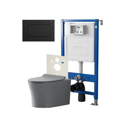 Сет: Система инсталляции Point Элемент для подвесного унитаза PN45120 + Клавиша смыва для инсталляции Point Ника, черная матовая, PN44081BM + Унитаз подвесной Point Вега безободковый, сер мат, PN41711GM