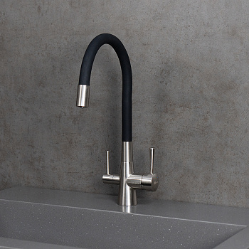 Смеситель для кухни с гибким изливом, с подключением к фильтру питьевой воды, латунь/никель/чёрный