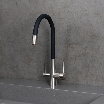 Смеситель для кухни с гибким изливом, с подключением к фильтру питьевой воды, латунь/никель/чёрный