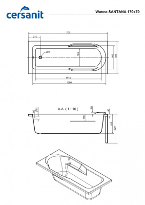 Ванна акриловая прямоугольная Cersanit SANTANA 170x70, ультра белый