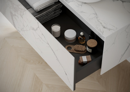 Тумба подвесная SANCOS Stone из керамогранита с одним выдвижным ящиком и столешницей из керамогранита 1200х400х495, керамогранит Statuario white, арт. ST120SV Тумба подвесная SANCOS Stone из керамогранита с одним выдвижным ящиком и столешницей из керамогранита 1200х400х495, керамогранит Statuario white, арт. ST120SV