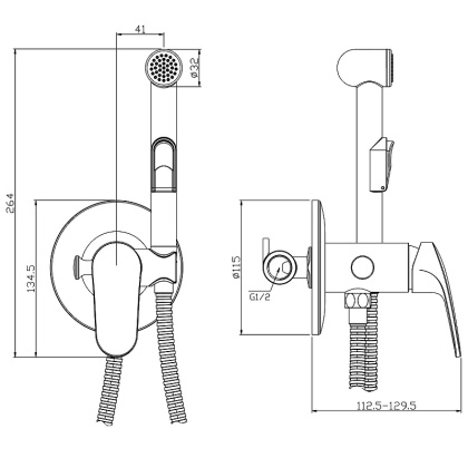 Смеситель Rossinka RS45-51 с гигиеническим душем, встраиваемый