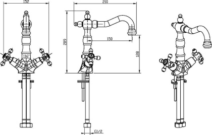 Смеситель для умывальника, высокий ROYAL CRYSTAL black, золото_Комплект Смеситель для умывальника, высокий ROYAL CRYSTAL black, золото_Комплект