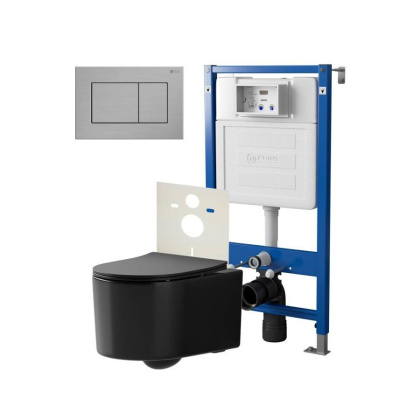 Сет: Система инсталляции Point Элемент для подвесного унитаза PN45120 + Клавиша смыва для инсталляции Point Ника, нержавеющая сталь, сталь брашированная, PN44081SB + Унитаз подвесной Point Веста безободковый, чёрн мат, PN41701BM