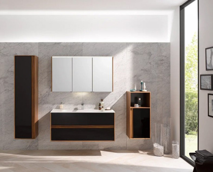 Пенал Metropole правосторонний, цвет сливовое дерево, фасад черное акриловое стекло