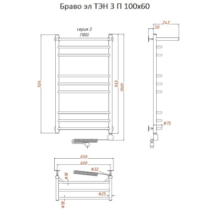 Полотенцесушитель Браво эл ТЭН 3 П 100*60 (ЛЦ4) Полотенцесушитель Браво эл ТЭН 3 П 100*60 (ЛЦ4)