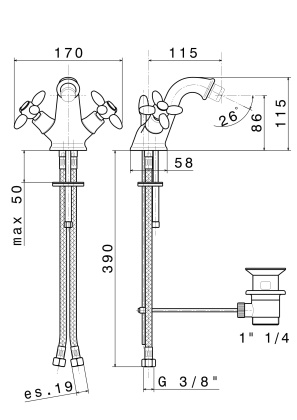 Смеситель для биде MUSE вентильный с донным клапаном, потертая бронза