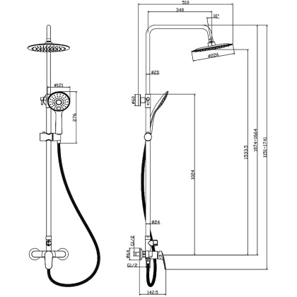 Смеситель Rossinka RS45-45 для душа с регулируемой высотой штанги и лейкой "Тропический дождь"