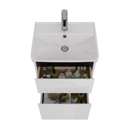 Тумба Lemark COMBI 50см под 1 раковину, подвесная/напольная, 2 ящика, цвет планки: Чёрный, цвет корпуса, фасада: Белый глянец