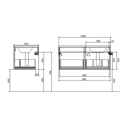 Тумба подвесная под умывальник Dallas Luxe 1000х482 правосторонняя 1 ящик (ШхГхВ) 992х476х430