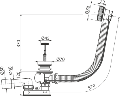 Сифон для ванны автомат комплект, металл GUN METAL-глянец