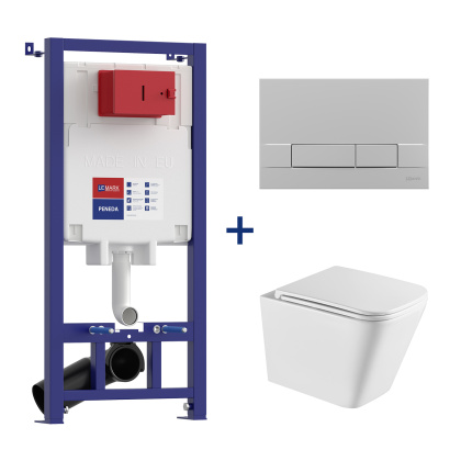 Комплект 3в1: Инсталляция Lemark PENEDA для унитазов с кнопкой смыва BIT хром матовый + унитаз подвесной безободковый  FLOREX Торнадо белый глянец Комплект 3в1: Инсталляция Lemark PENEDA для унитазов с кнопкой смыва BIT хром матовый + унитаз подвесной безободковый  FLOREX Торнадо белый глянец